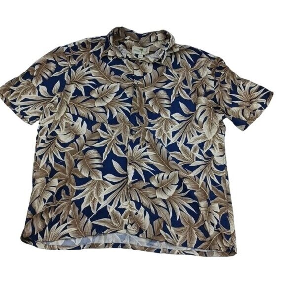 Island Shores Hawaiian Shirt Blue Tan Palm Print Tropical Short Sleeve Size L - Picture 1 of 4